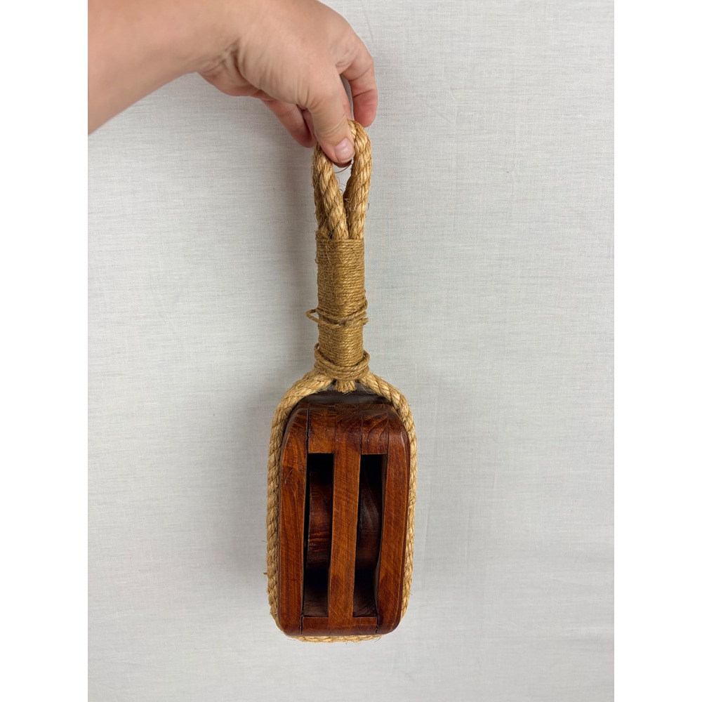 Vintage Wooden Double Pulley Block Nautical Decor Jute Rope Maritime Accent - Picture 6 of 6